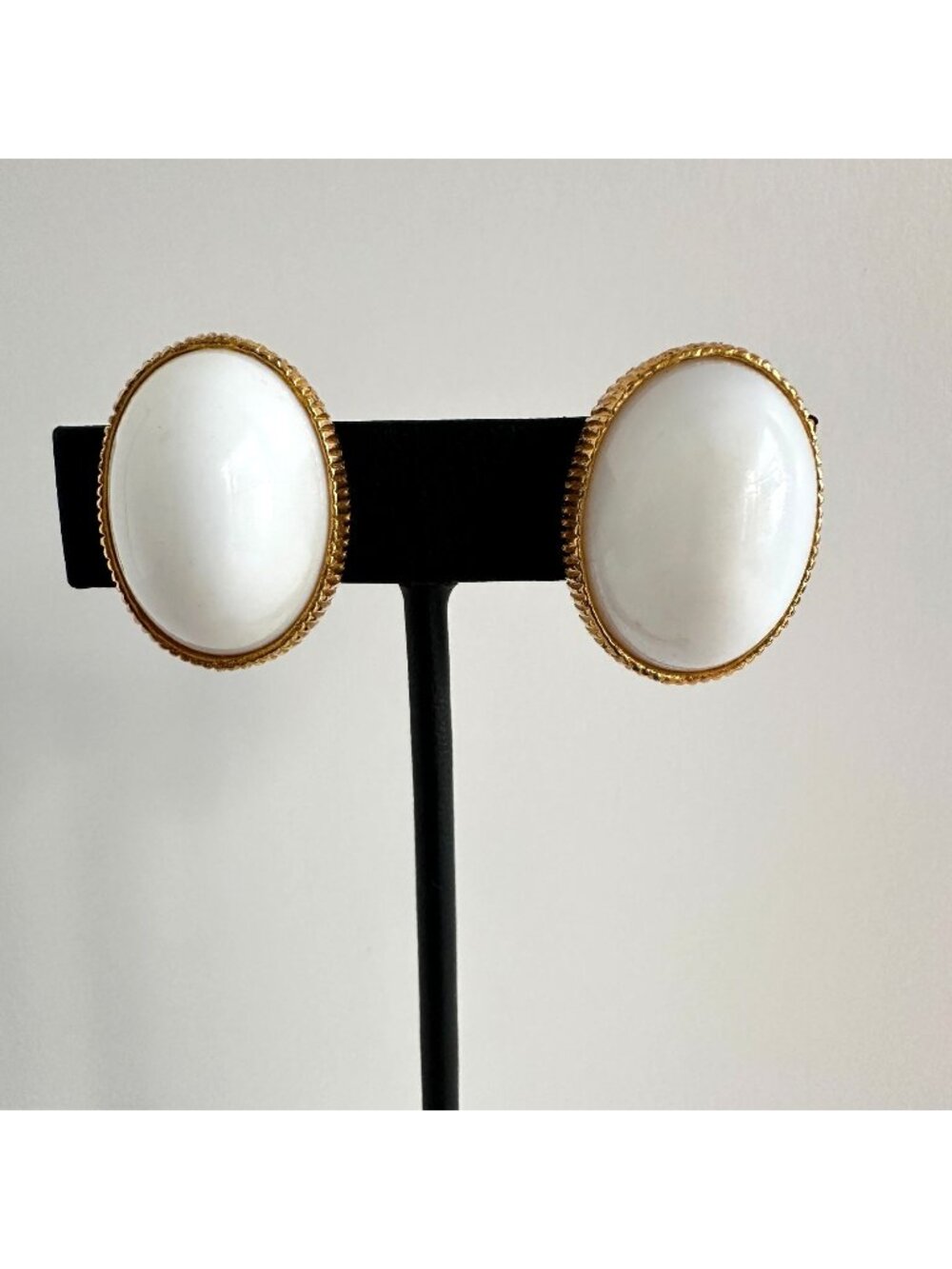 Kenneth Jay Lane KJL White Glass Cabochon Clip Earrings, Gold Tone Oval Dome